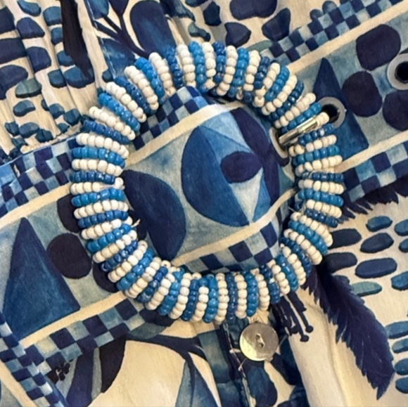 Farm Rio Sweet Rio Mini dress size Small Blue Womens Beaded Belt Puff Sleeve - Picture 5 of 5